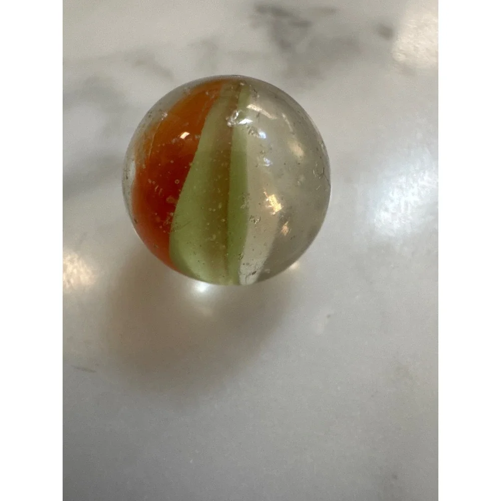 Vintage 15mm Glass Catseye Marble Orange Green White Tri-Color 4-Vane Swirl